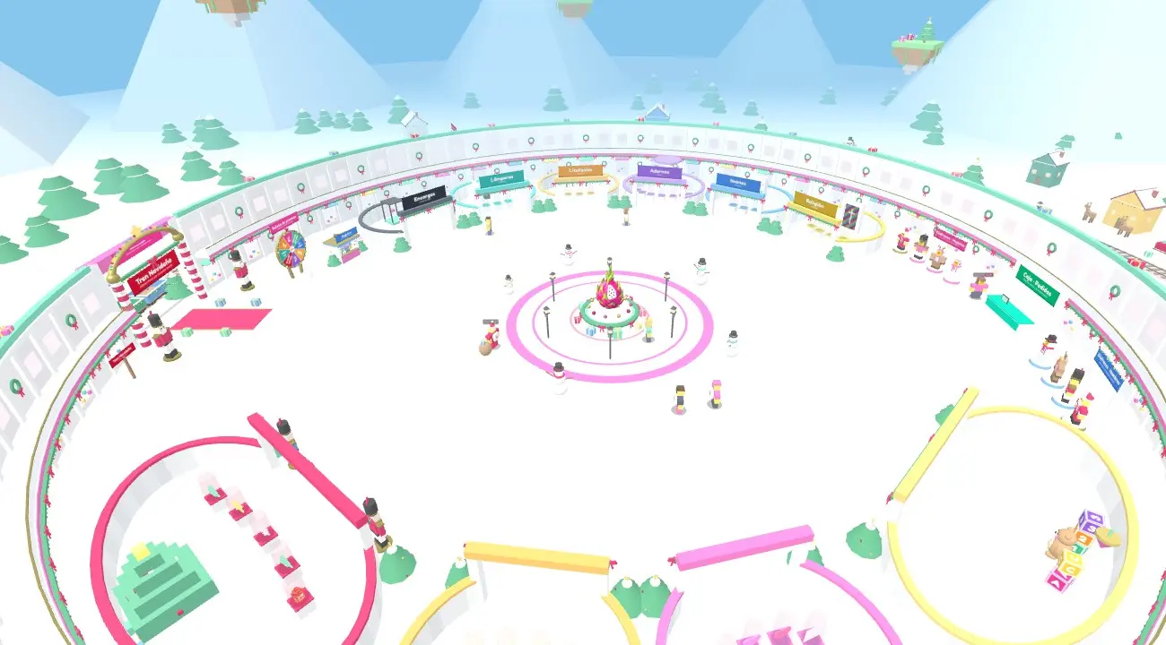 Vista desde arriba del Mundo 3D de Pitaya3D: la plaza con la pitaya, los stands y el tren navideño