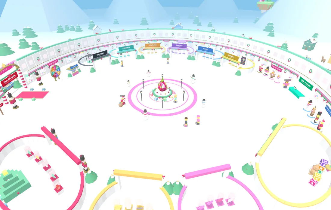 Vista desde arriba del Mundo 3D de Pitaya3D: la plaza con la pitaya, los stands y el tren navideño